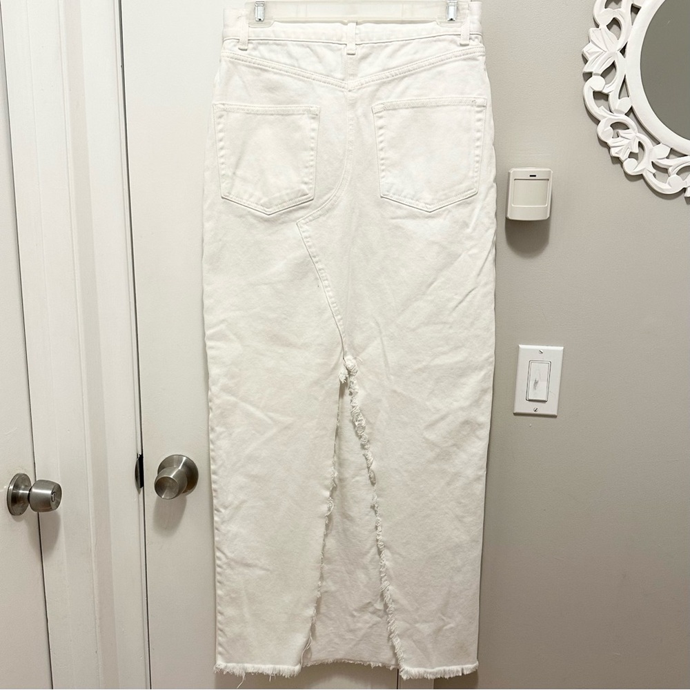 RAEY Off White Denim Maxi Skirt 6 Organic Cotton Split Back Cut Out Raw Hem - Picture 2 of 10